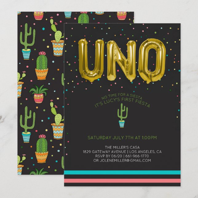 Convites Colorido Primeiro Aniversário Fiesta | UNO Balões (Frente/Verso)
