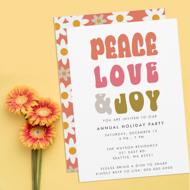 Convites Colorido Retro Groovy Paz Amor Alegria Feriado (Colorful Retro Groovy Peace Love Joy Holiday Invitation)