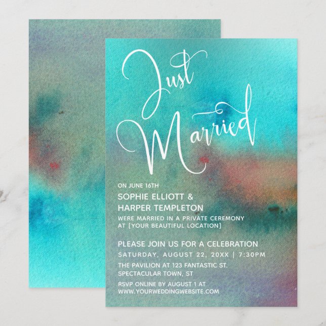 Convites Colorido Script Abstrato Aquarela Recém-Casados (Frente/Verso)