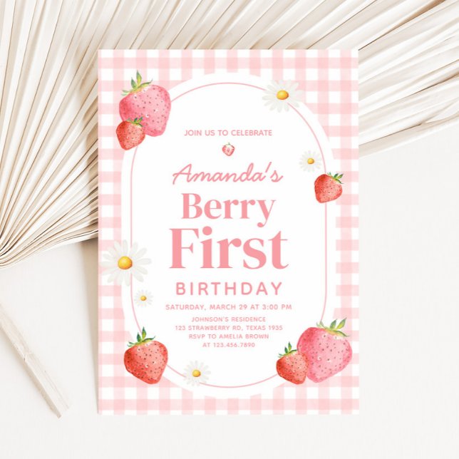 Convites Coluna Rosa Gingham Strawberry Berry Primeira Fest (Pink Gingham Berry First Birthday Party Invitation)