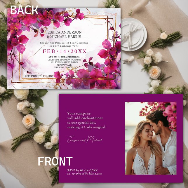 Convites Com a foto Fuchsia Enchantment: Casamento por Aqua (With photo Fuchsia Enchantment: Watercolor Wedding Invitation)