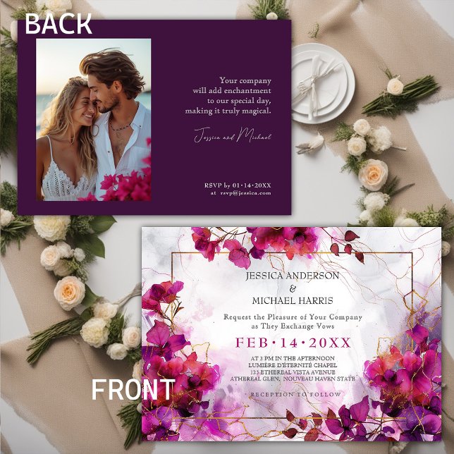 Convites Com a foto Fuchsia Enchantment: Casamento por Aqua (With photo Fuchsia Enchantment: Watercolor Wedding Invitation)