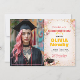 Convites 🎓Com código QR Horizontal Floral Rosa e Dourado