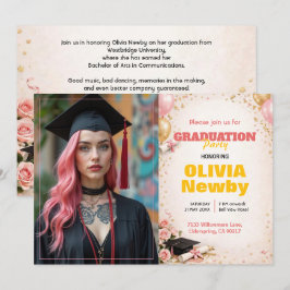 Convites 🎓Com código QR Horizontal Floral Rosa e Dourado