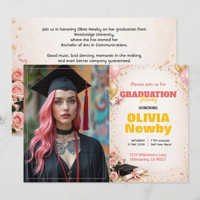 Convites 🎓Com código QR Horizontal Floral Rosa e Dourado (Frente/Verso)