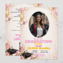 Convites 🎓Com código QR Rosa & Formatura com Balão Glow
