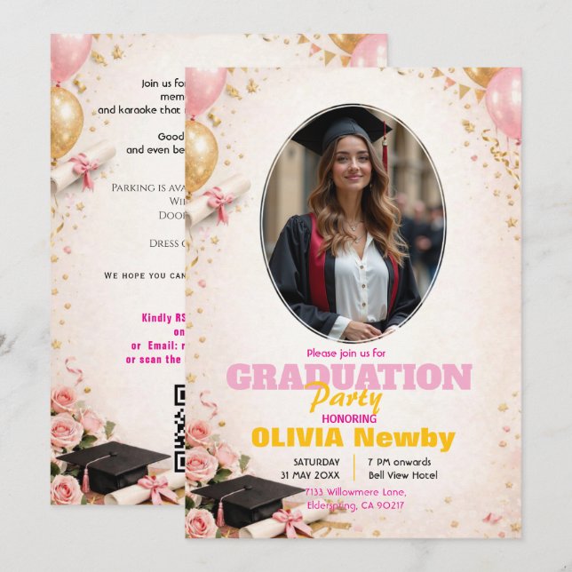 Convites 🎓Com código QR Rosa & Formatura com Balão Glow (Frente/Verso)