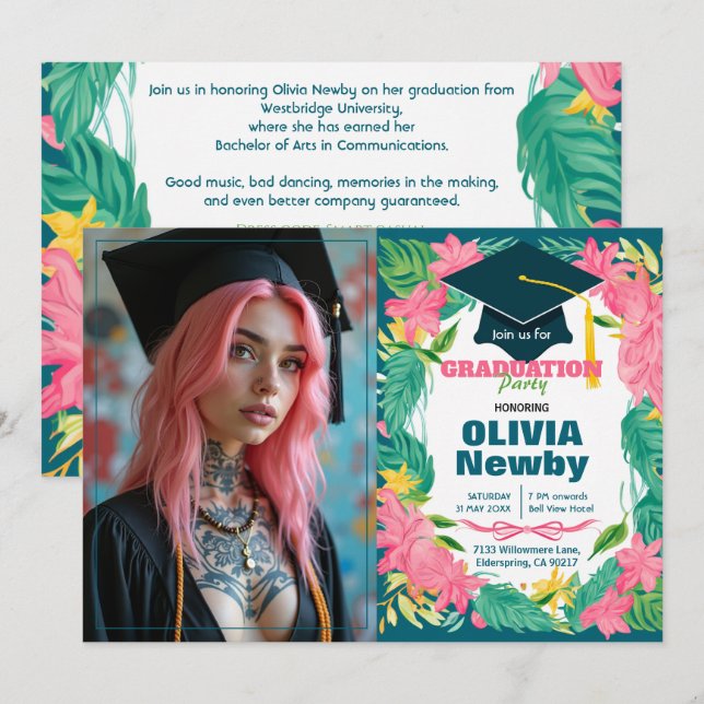 Convites 🎓Com código QR Tropical Bloom Foto Única (Frente/Verso)