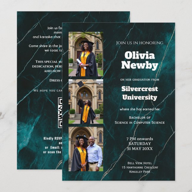 Convites 🎓Com Festa de Formatura Mármore Turquesa QR Luxo (Frente/Verso)