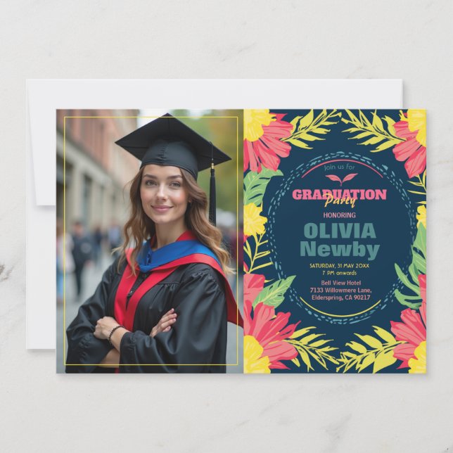 Convites 🎓Com Flor de Graduação Tropical em código QR (Frente)