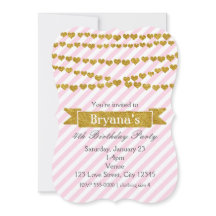 Convites com Listras Rosa e Branco e Corações Dour