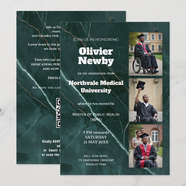 Convites 🎓Com QR Green Luxury Marble Festa de Graduação (Frente/Verso)