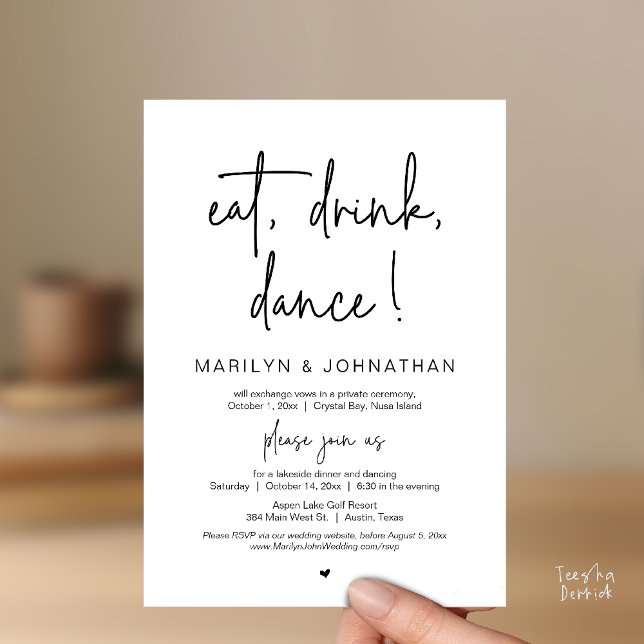 Convites Coma, Beba, Dança, Festa de Janto de Elopemento de (Eat, Drink, Dance, Wedding Elopement Dinner Party Invitation Card in Black White)