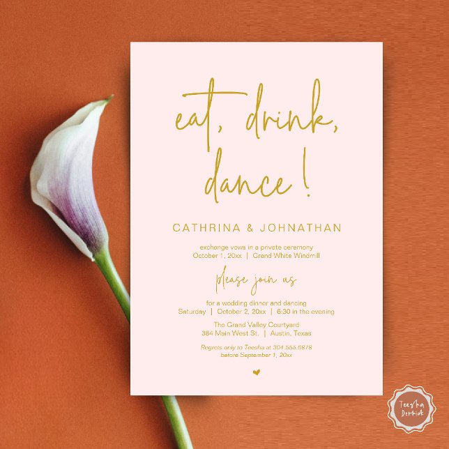 Convites Coma, Beba, Dance, Casamento Simples e Elegante co (Eat, Drink, Dance Elegant Wedding Elopement Dinner Invitation Card in Blush and Gold)
