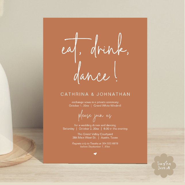 Convites Coma, Beba, Dance, Casamento Simples e Elegante em (Eat, Drink, Dance Elegant Wedding Elopement Dinner Invitation Card in Copper Brown Terracotta)