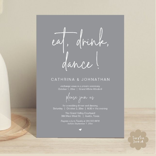 Convites Coma, Beba, Dance, Casamento Simples e Elegante em (Eat, Drink, Dance Elegant Wedding Elopement Dinner Invitation Card in Dark Grey)