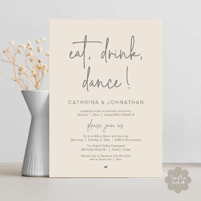 Convites Coma, Beba, Dance, Casamento Simples e Elegante em (Eat, Drink, Dance Elegant Wedding Elopement Dinner Invitation Card in Dark Grey and Cream)