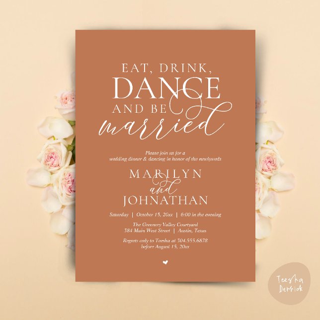 Convites Coma, Beba, Dance, Case, Casamento Fuga (Eat, Drink, Dance, Be Married, Wedding Elopement Dinner Party Invitation Card in copper terracotta)