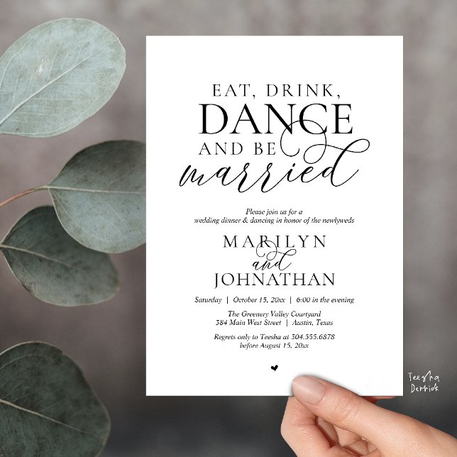 Convites Coma, Beba, Dance, Case, Casamento Fuga (Eat, Drink, Dance, Be Married, Wedding Elopement Dinner Party Invitation Card in Black and White)