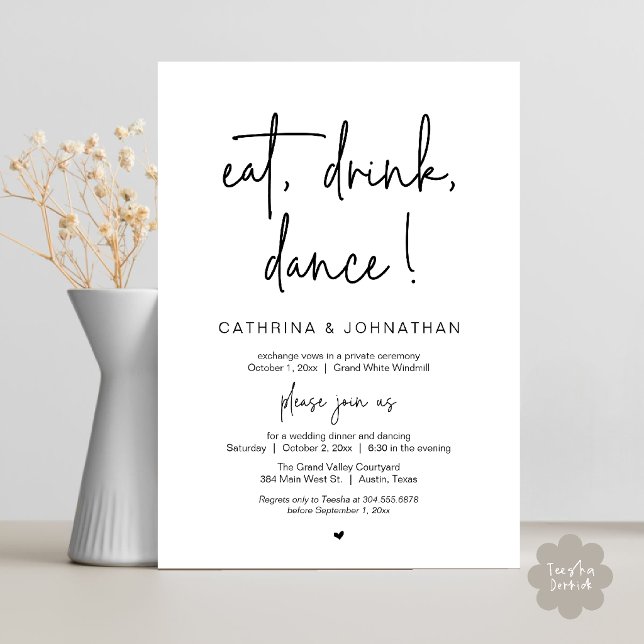 Convites Coma, Beba, Dance Jantar de Elopement de Casamento (Eat, Drink, Dance Elegant Wedding Elopement Dinner Invitation Card in Black and white)