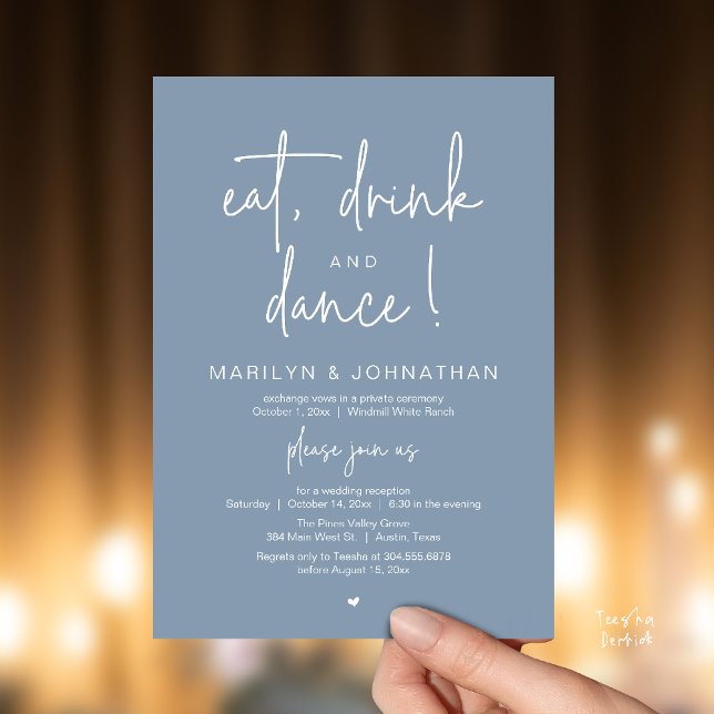 Convites Coma, Beba e Dance, Recepção de Casamento Moderna (Eat, Drink and Dance, Modern Wedding Reception Dinner Party Invitation Card in dusty blue)