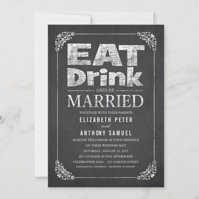 Convites Coma, Beba E Seja Casado Com Um Casamento De Chalk (Frente)