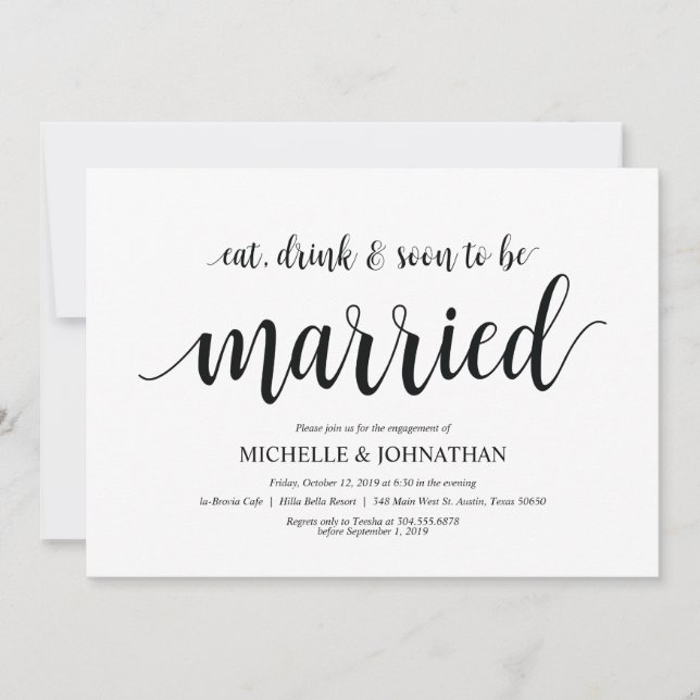 Convites Coma, beba, logo casado, Festa de noivado convida (Frente)