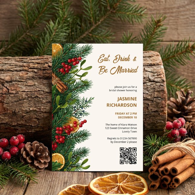 Convites Coma, Beba, Seja Casada Tempero de Inverno Botânic (Winter Bridal Shower Invitation with festive greenery and spiced fruit by Darling & May)