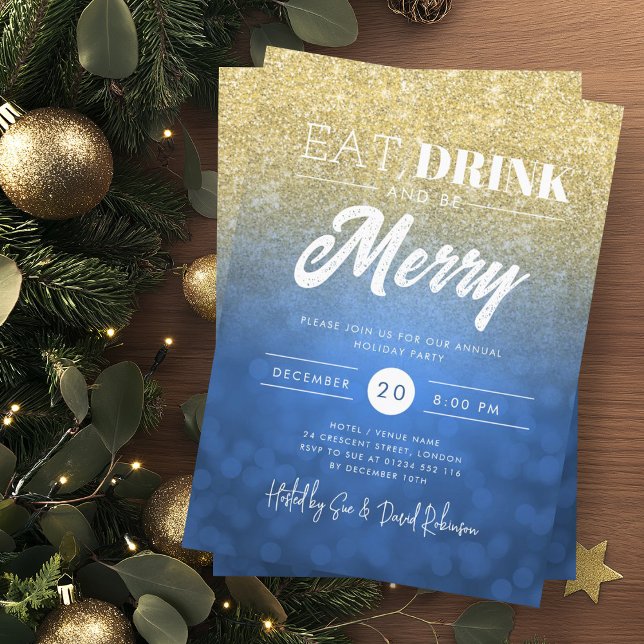 Convites Coma, Beba Seja Feliz, Marinho Dourado, Natal (Eat, Drink Be Merry Gold Navy Bokeh Holiday Xmas Invitation)