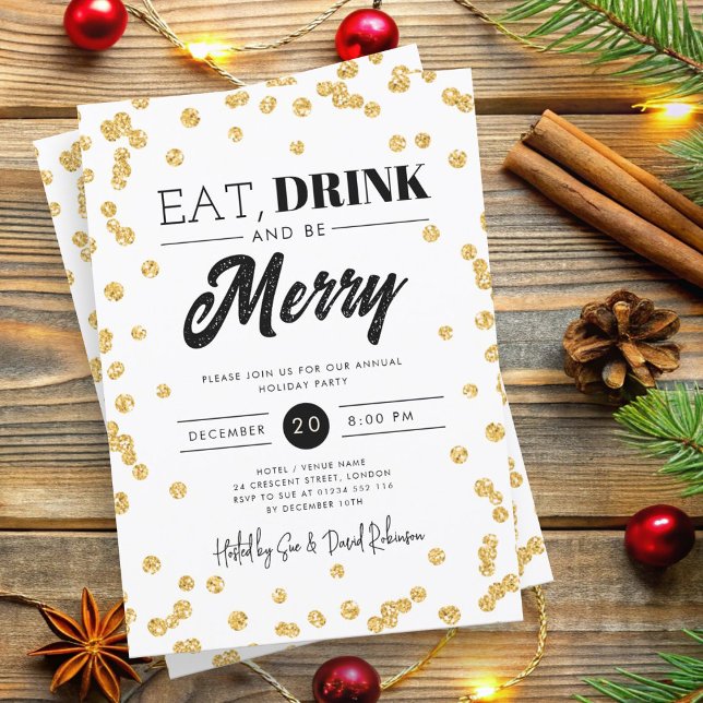 Convites Coma, Beba, Tome Feliz Natal De Feriado Dourado (Eat, Drink Be Merry Gold Glitter Holiday Xmas Invitation)