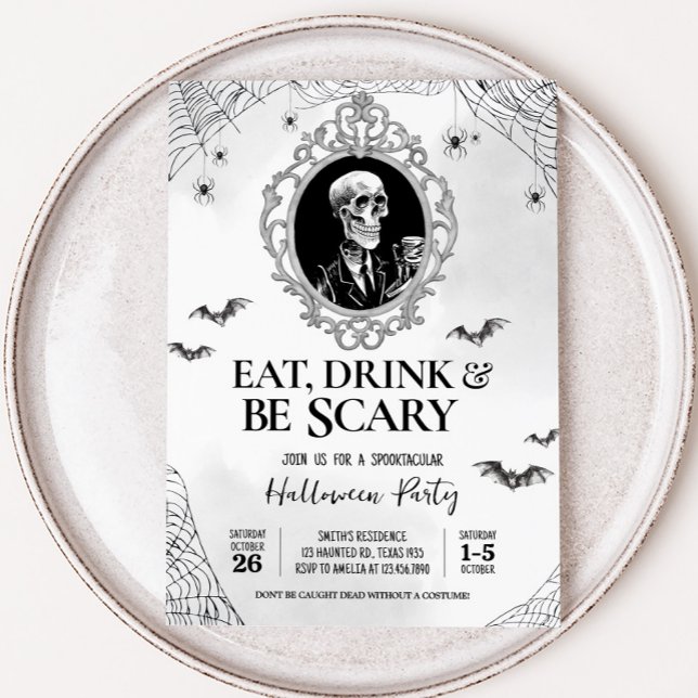Convites Coma Bebida e Escarneca Festa de Halloween do Crân (Gothic Skull Eat Drink and Scary Halloween Party Invitation)
