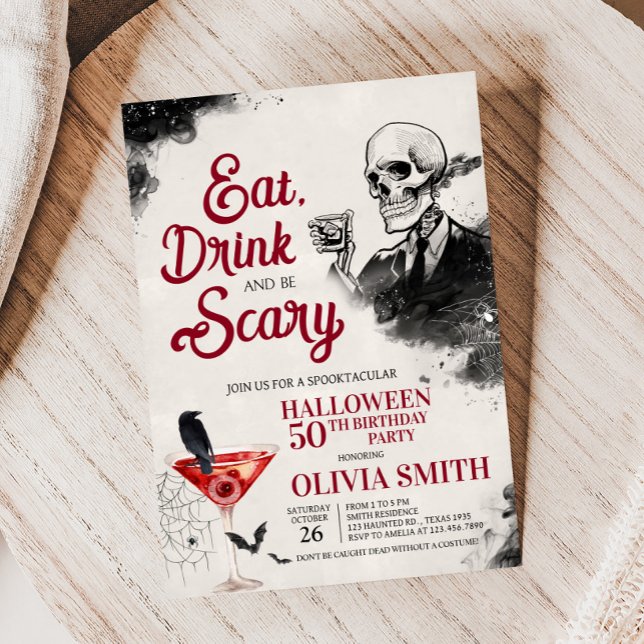 Convites Coma bebida e Festa de aniversário de Dia das Brux (Eat Drink and Scary Vintage Gothic Skull Halloween Birthday Party Invitation)
