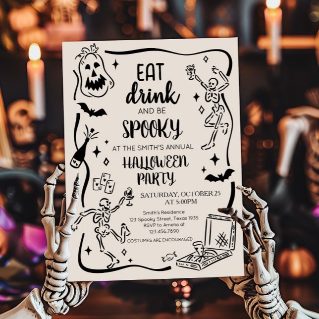 Convites Coma Bebida e Festa de Dia das Bruxas Adultas Spoo (Eat Drink and Spooky Halloween Party Invitation)