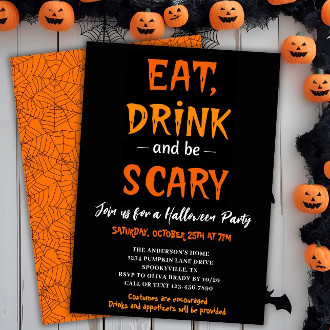 Convites Coma Bebida e seja assustador e moderno partido de (Eat Drink & Be Scary Modern Halloween Party Invitation)