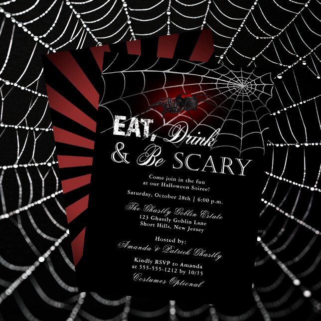 Convites Coma Bebida e seja assustador na festa do Dia das  ("Eat Drink and Be Scary" Spider and Web Halloween Soiree Invitation )