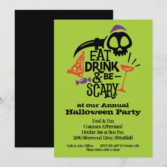 Convites Coma Bebida e Seja Assustador no Dia das Bruxas (Frente/Verso)