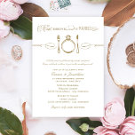 Convites Coma Bebida e seja Jantado Antecipadamente<br><div class="desc">O ensaio de ouro antigo e o ensaio de casamento branco e o design de convite para ensaio jante com uma comida,  bebida,  e ser tema de casamento em tipografia mista elegante e vintage com o recurso de colocação de anel de noivado de diamante.</div>