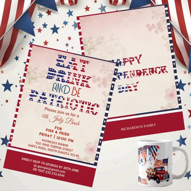 Convites Coma bebida e seja Patriótico 4 de julho Chique Ba (Eat Drink & Be Patriotic 4th July Bash Shabby Chic Invitation)
