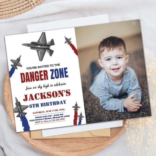 Convites Combatente Jet Birthday convoca Red Blue w Foto (Fighter Jet Birthday Invitations Red Blue w Photo)