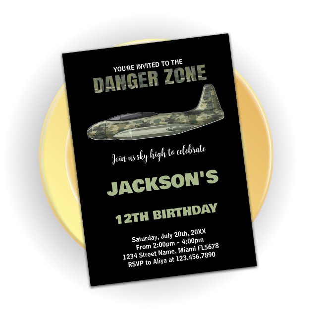 Convites Combatente Jet Birthday Invtions Preto Verde Escur (Fighter Jet Birthday Invitations Dark Green Black)