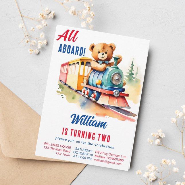 Convites Comboio aniversário de ursinho bonitinho dirigindo (Train toddler birthday party template invitation cute teddy bear driving a vintage toy train)