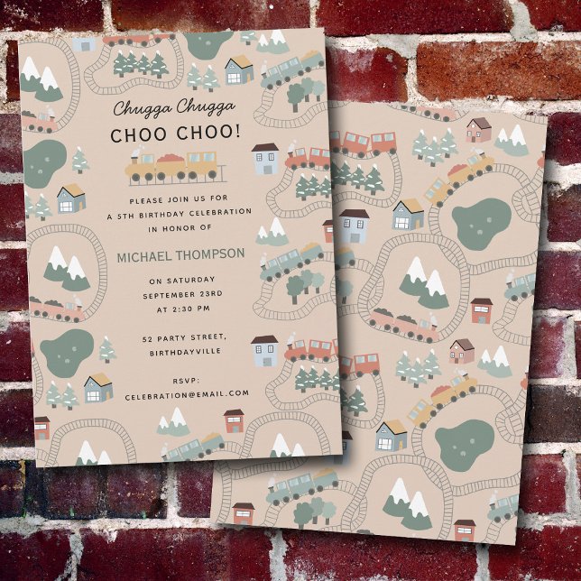 Convites Comboios coloridos giros no Aniversário de criança (Cute Colorful Trains on Train Tracks Kids Birthday Invitation)