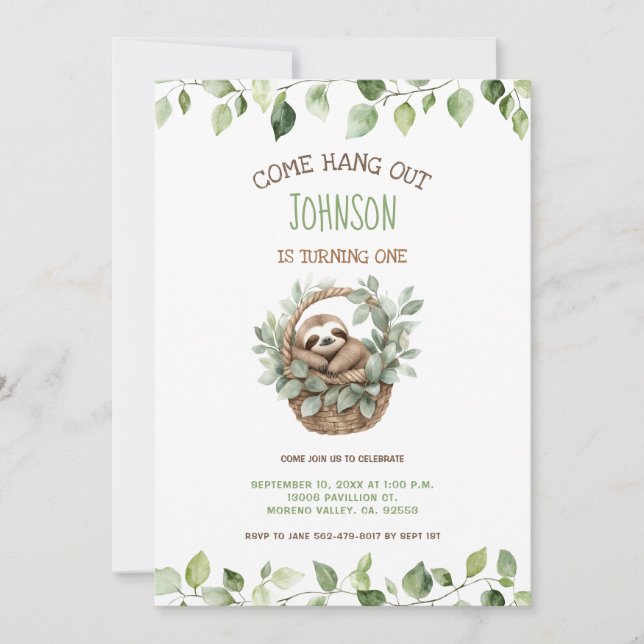 Convites Come Hang Out Sloth Party Birthday  (Frente)