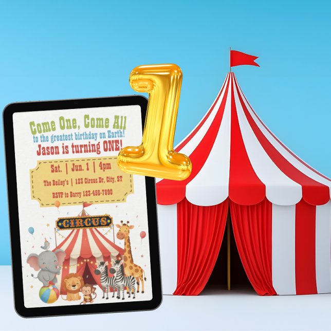 Convites Come One, Come All, Greatest 1st Circus Birthday (Criador carregado)