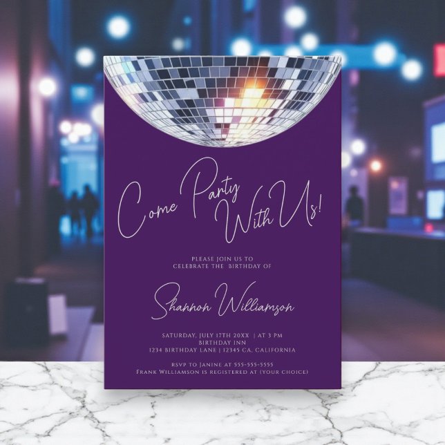 Convites Come party purple  modern disco ball birthday  (Criador carregado)
