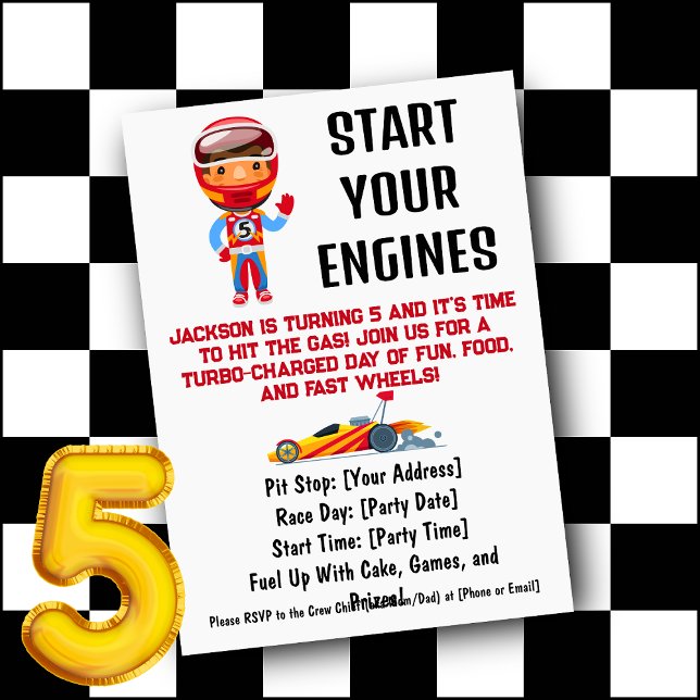 Convites Comece o aniversário de 5 do seu moço (Start Your Engines Boy's 5th Birthday Invitation)