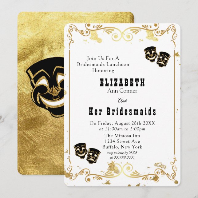 Convites Comédia Dourada e Tragédia em Bridesmaids Luncheid (Frente/Verso)