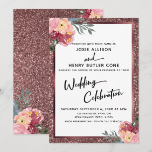 Convites Comemoração do casamento moderno Rosa Floral Doura