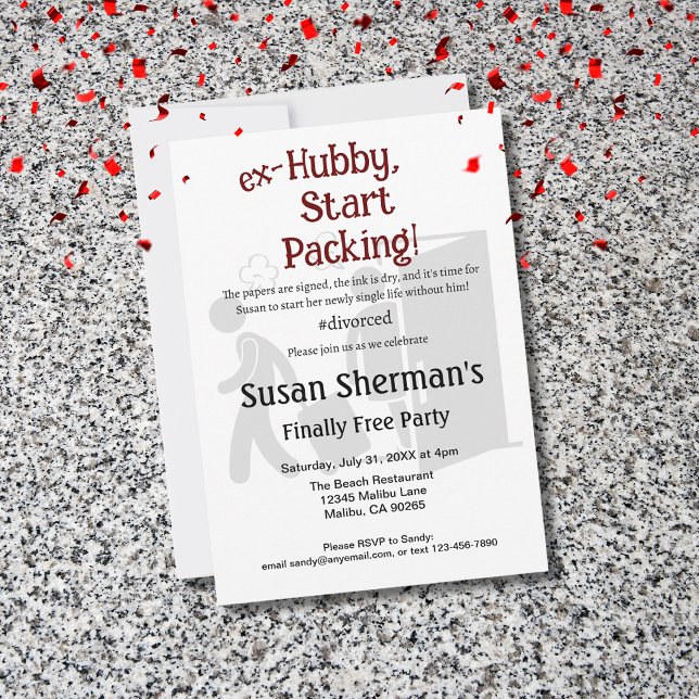 Convites Comemoração do Divorce Party Ex Hubby Início da Em (Celebrate her divorce with a finally free party! Cute Ex-Hubby, Start Packing! theme in red & black.)
