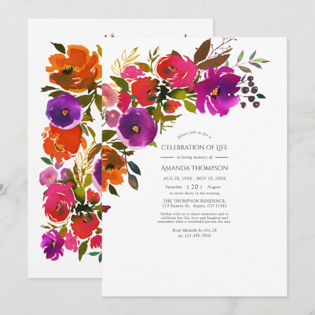 Convites Comemoração Floral Púrpura e Laranja da Vida (Frente/Verso)